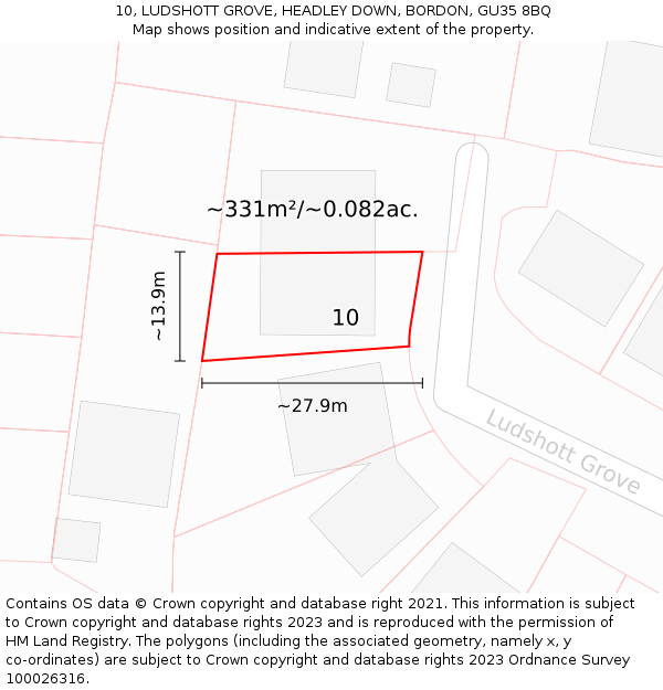 10, LUDSHOTT GROVE, HEADLEY DOWN, BORDON, GU35 8BQ: Plot and title map