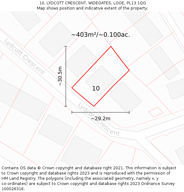 10, LYDCOTT CRESCENT, WIDEGATES, LOOE, PL13 1QG: Plot and title map