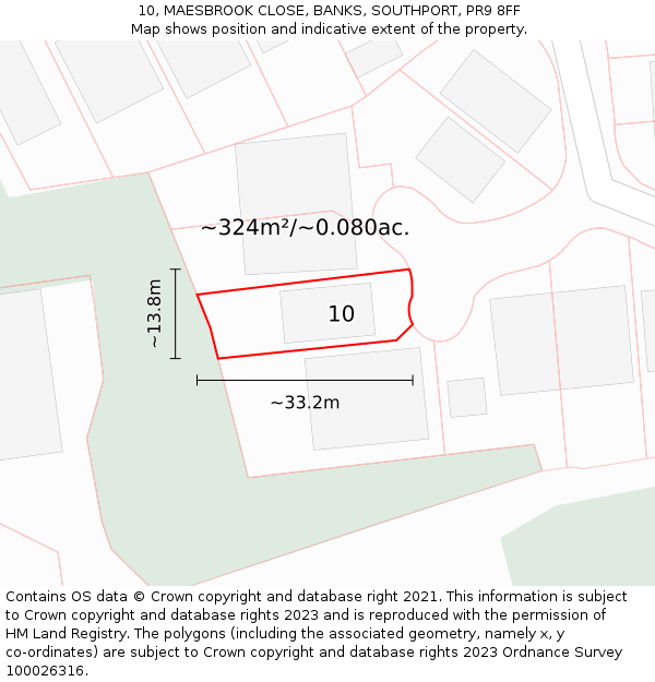 10, MAESBROOK CLOSE, BANKS, SOUTHPORT, PR9 8FF: Plot and title map