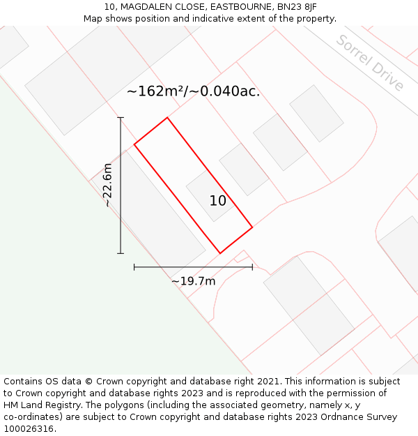 10, MAGDALEN CLOSE, EASTBOURNE, BN23 8JF: Plot and title map