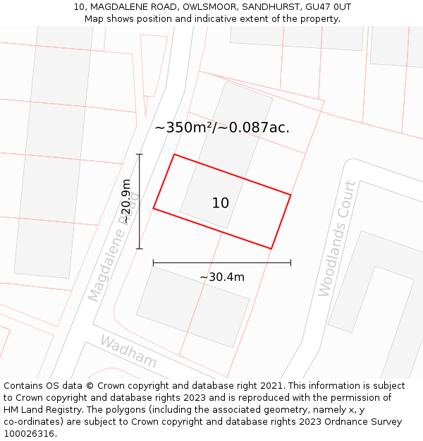 10, MAGDALENE ROAD, OWLSMOOR, SANDHURST, GU47 0UT: Plot and title map