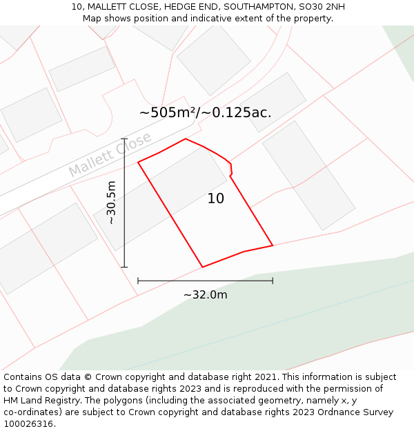 10, MALLETT CLOSE, HEDGE END, SOUTHAMPTON, SO30 2NH: Plot and title map