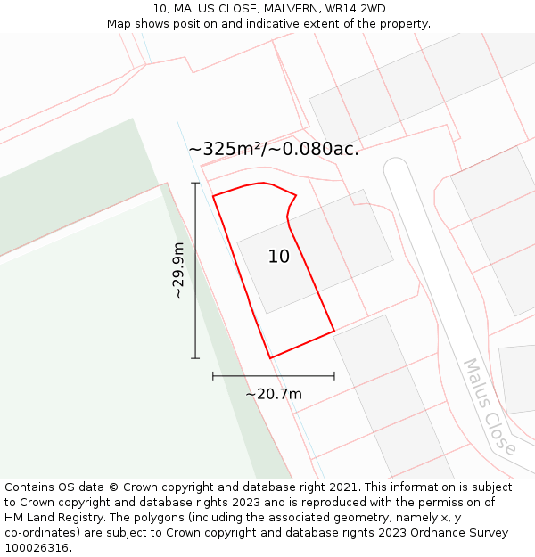 10, MALUS CLOSE, MALVERN, WR14 2WD: Plot and title map