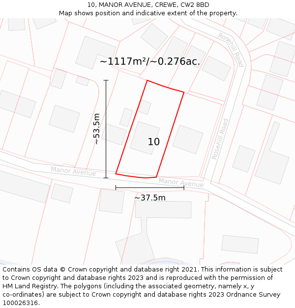 10, MANOR AVENUE, CREWE, CW2 8BD: Plot and title map