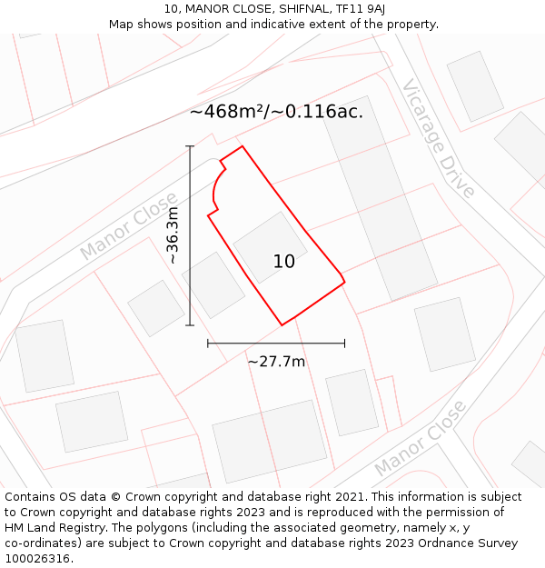 10, MANOR CLOSE, SHIFNAL, TF11 9AJ: Plot and title map