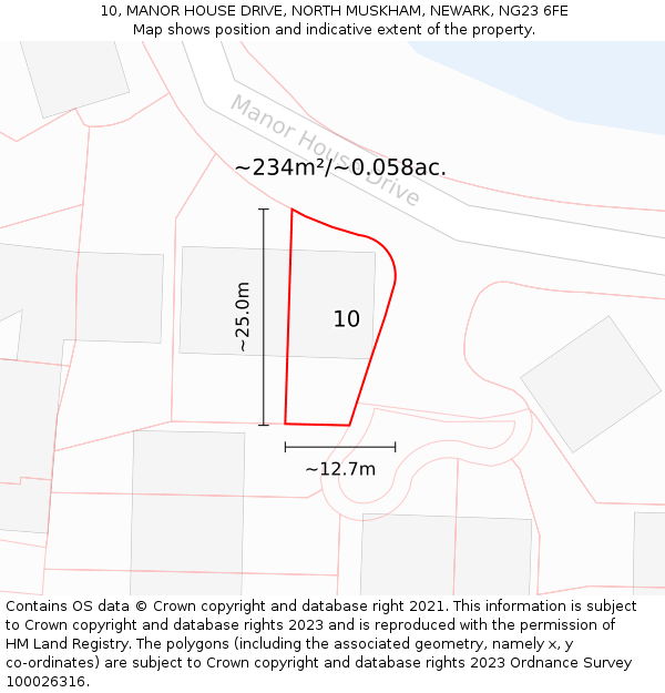 10, MANOR HOUSE DRIVE, NORTH MUSKHAM, NEWARK, NG23 6FE: Plot and title map