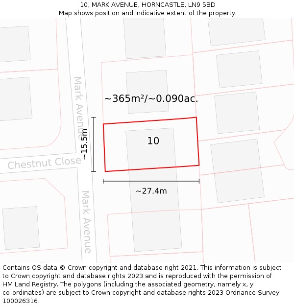 10, MARK AVENUE, HORNCASTLE, LN9 5BD: Plot and title map