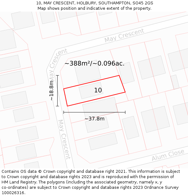 10, MAY CRESCENT, HOLBURY, SOUTHAMPTON, SO45 2GS: Plot and title map