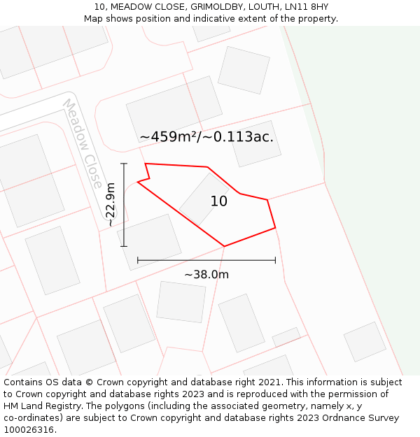 10, MEADOW CLOSE, GRIMOLDBY, LOUTH, LN11 8HY: Plot and title map