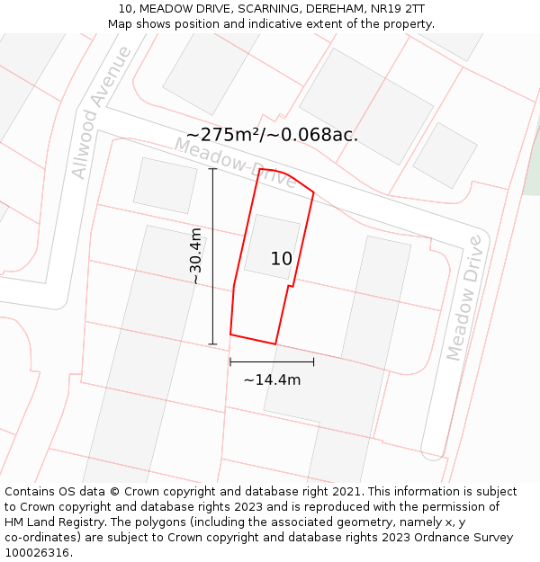 10, MEADOW DRIVE, SCARNING, DEREHAM, NR19 2TT: Plot and title map