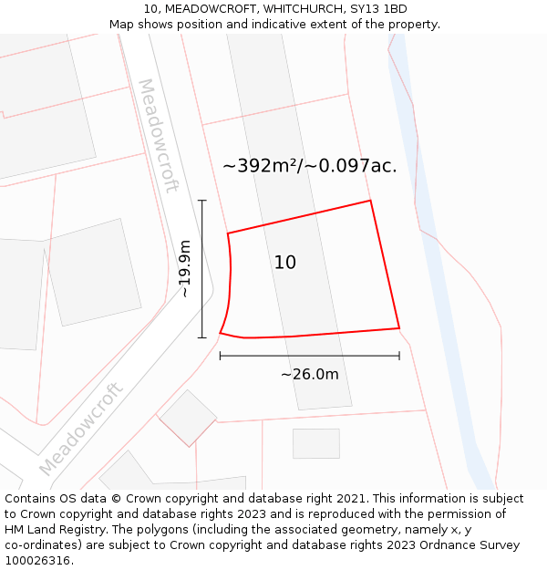 10, MEADOWCROFT, WHITCHURCH, SY13 1BD: Plot and title map