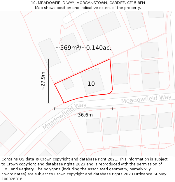 10, MEADOWFIELD WAY, MORGANSTOWN, CARDIFF, CF15 8FN: Plot and title map