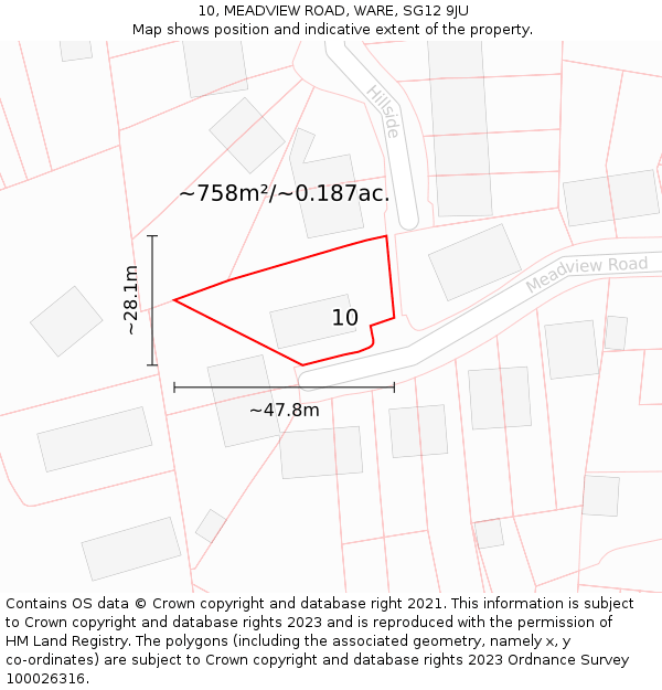 10, MEADVIEW ROAD, WARE, SG12 9JU: Plot and title map