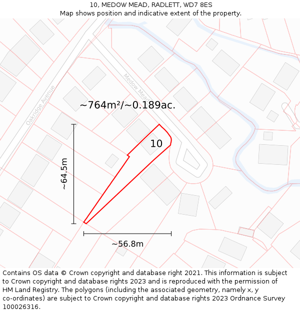 10, MEDOW MEAD, RADLETT, WD7 8ES: Plot and title map