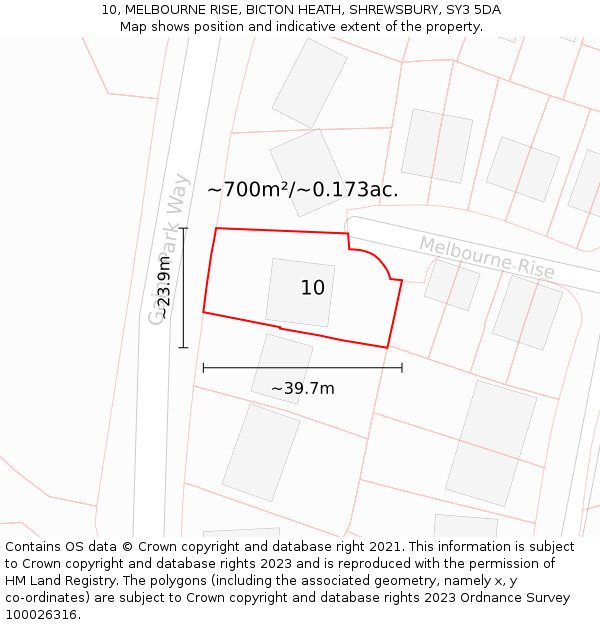 10, MELBOURNE RISE, BICTON HEATH, SHREWSBURY, SY3 5DA: Plot and title map