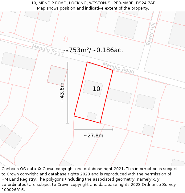 10, MENDIP ROAD, LOCKING, WESTON-SUPER-MARE, BS24 7AF: Plot and title map