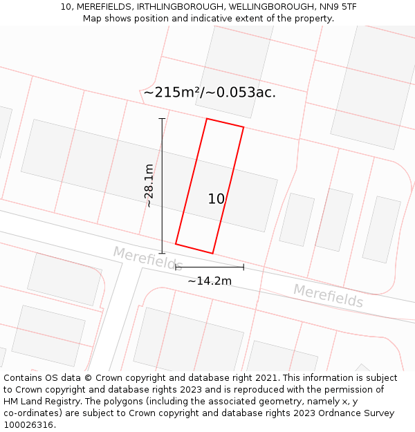 10, MEREFIELDS, IRTHLINGBOROUGH, WELLINGBOROUGH, NN9 5TF: Plot and title map