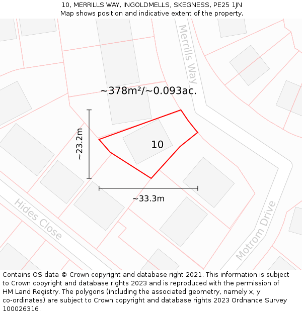 10, MERRILLS WAY, INGOLDMELLS, SKEGNESS, PE25 1JN: Plot and title map