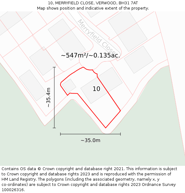 10, MERRYFIELD CLOSE, VERWOOD, BH31 7AT: Plot and title map