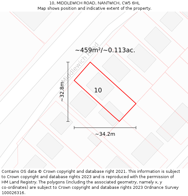 10, MIDDLEWICH ROAD, NANTWICH, CW5 6HL: Plot and title map