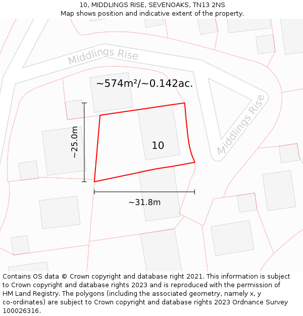 10, MIDDLINGS RISE, SEVENOAKS, TN13 2NS: Plot and title map