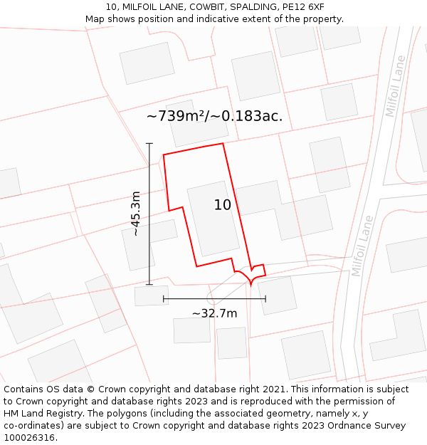 10, MILFOIL LANE, COWBIT, SPALDING, PE12 6XF: Plot and title map