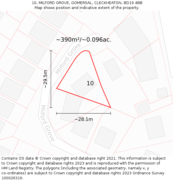 10, MILFORD GROVE, GOMERSAL, CLECKHEATON, BD19 4BB: Plot and title map