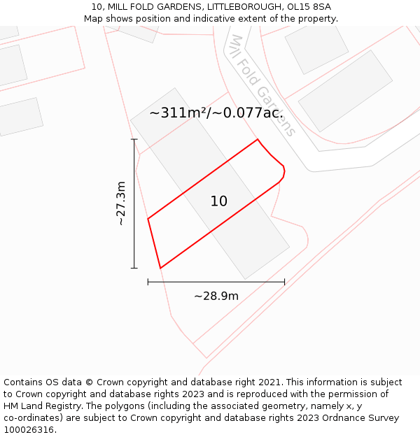 10, MILL FOLD GARDENS, LITTLEBOROUGH, OL15 8SA: Plot and title map