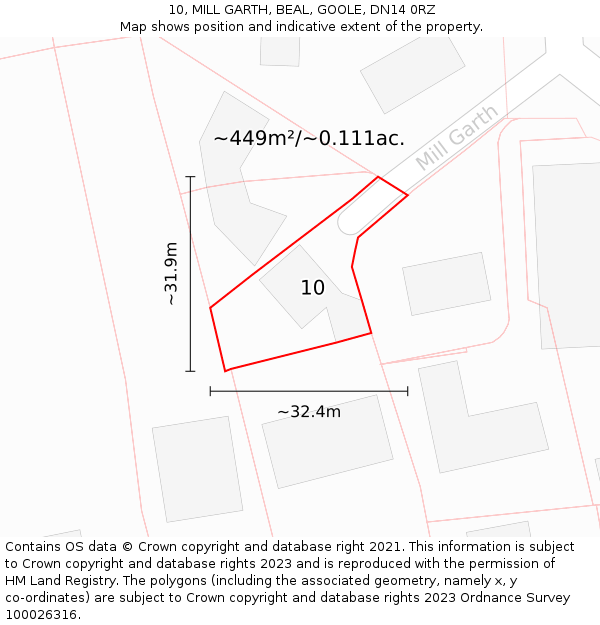 10, MILL GARTH, BEAL, GOOLE, DN14 0RZ: Plot and title map