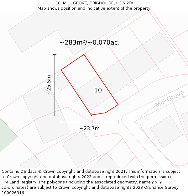 10, MILL GROVE, BRIGHOUSE, HD6 2FA: Plot and title map