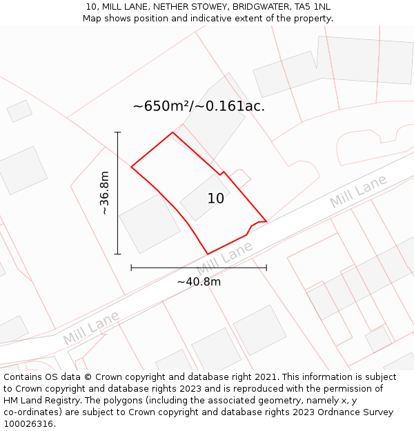 10, MILL LANE, NETHER STOWEY, BRIDGWATER, TA5 1NL: Plot and title map