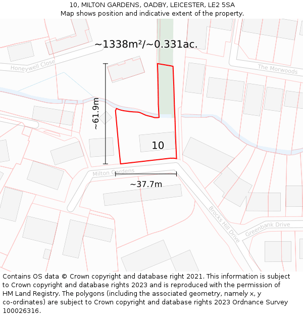 10, MILTON GARDENS, OADBY, LEICESTER, LE2 5SA: Plot and title map