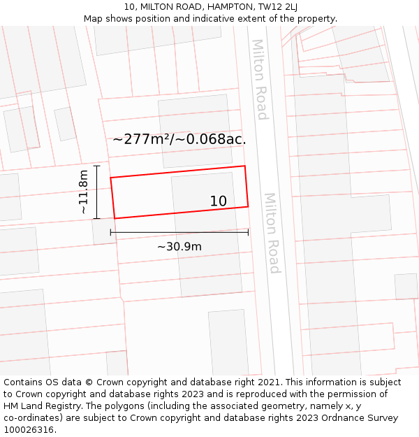 10, MILTON ROAD, HAMPTON, TW12 2LJ: Plot and title map