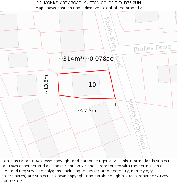 10, MONKS KIRBY ROAD, SUTTON COLDFIELD, B76 2UN: Plot and title map