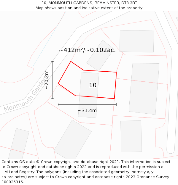 10, MONMOUTH GARDENS, BEAMINSTER, DT8 3BT: Plot and title map