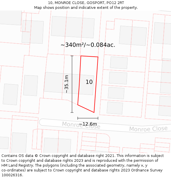 10, MONROE CLOSE, GOSPORT, PO12 2RT: Plot and title map