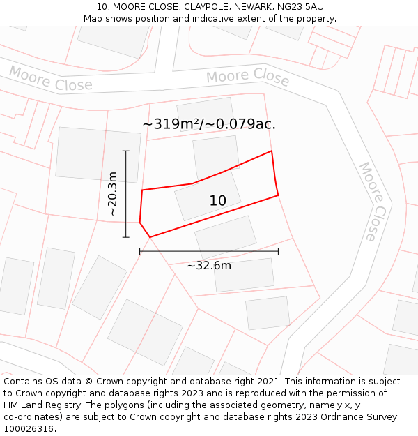 10, MOORE CLOSE, CLAYPOLE, NEWARK, NG23 5AU: Plot and title map