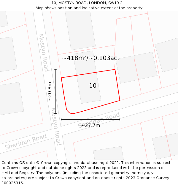 10, MOSTYN ROAD, LONDON, SW19 3LH: Plot and title map