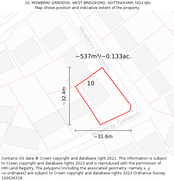 10, MOWBRAY GARDENS, WEST BRIDGFORD, NOTTINGHAM, NG2 6JN: Plot and title map