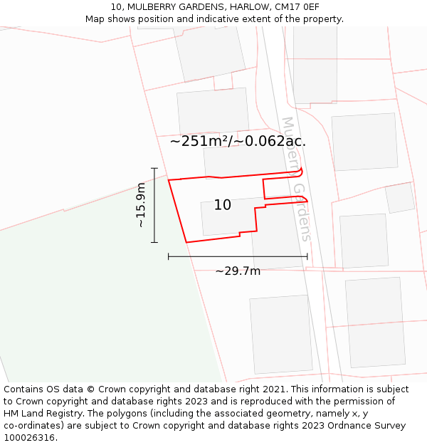 10, MULBERRY GARDENS, HARLOW, CM17 0EF: Plot and title map