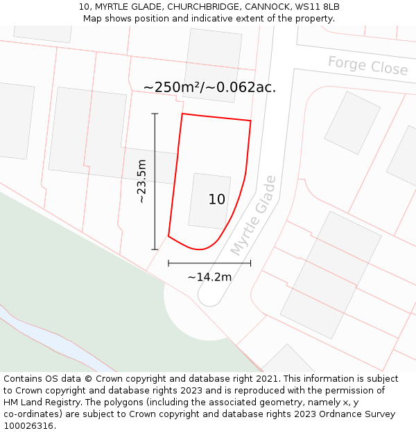 10, MYRTLE GLADE, CHURCHBRIDGE, CANNOCK, WS11 8LB: Plot and title map