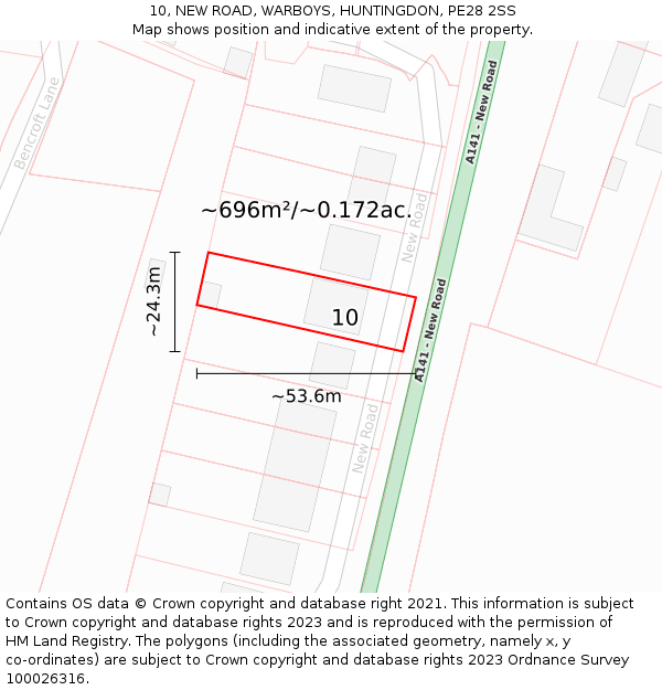 10, NEW ROAD, WARBOYS, HUNTINGDON, PE28 2SS: Plot and title map