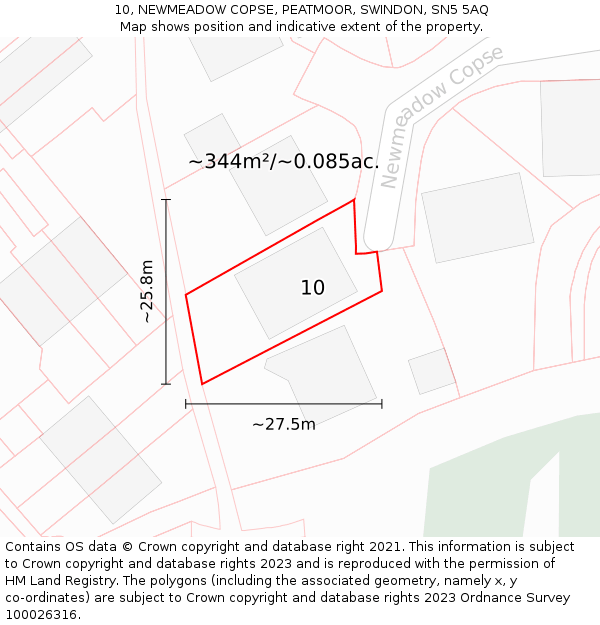 10, NEWMEADOW COPSE, PEATMOOR, SWINDON, SN5 5AQ: Plot and title map