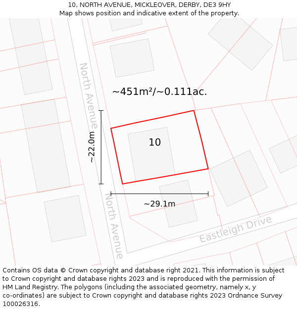 10, NORTH AVENUE, MICKLEOVER, DERBY, DE3 9HY: Plot and title map