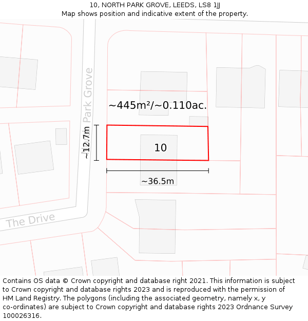 10, NORTH PARK GROVE, LEEDS, LS8 1JJ: Plot and title map