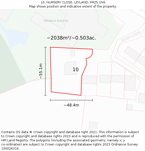 10, NURSERY CLOSE, LEYLAND, PR25 1NS: Plot and title map