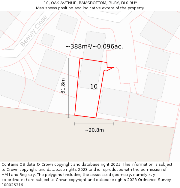 10, OAK AVENUE, RAMSBOTTOM, BURY, BL0 9UY: Plot and title map