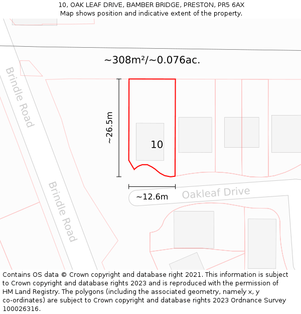 10, OAK LEAF DRIVE, BAMBER BRIDGE, PRESTON, PR5 6AX: Plot and title map