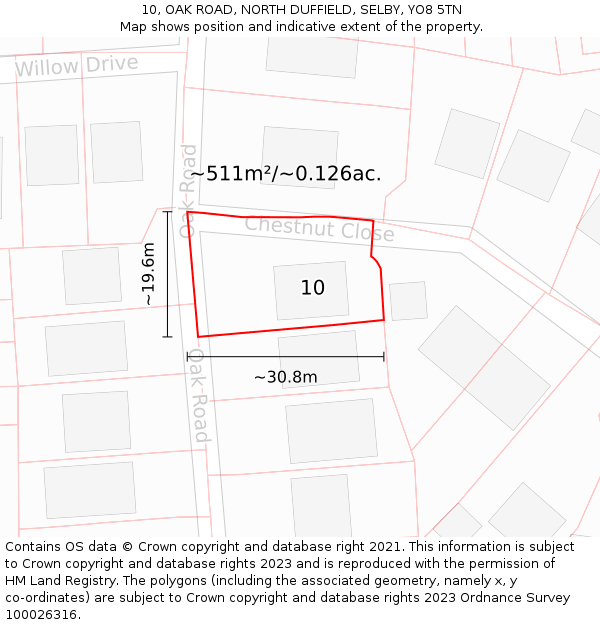 10, OAK ROAD, NORTH DUFFIELD, SELBY, YO8 5TN: Plot and title map