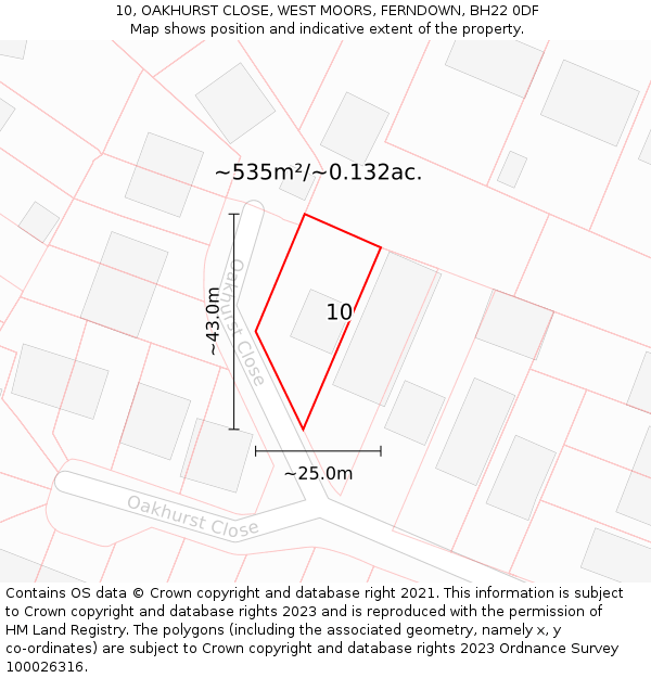 10, OAKHURST CLOSE, WEST MOORS, FERNDOWN, BH22 0DF: Plot and title map